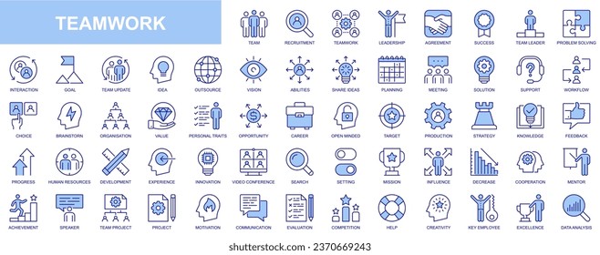 Teamwork web icons set in blue line design. Pack of team, recruitment, leadership, agreement, success, leader, problem solving, interaction, goal, idea, vision, other. Vector outline stroke pictograms