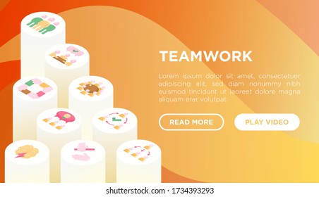 Plantilla de página web de trabajo en equipo con iconos isométricos planos: carrera de relevos, brainstorm, éxito, reunión, intercambio de ideas, colaboración, proyecto conjunto, unidad, apoyo, delegación, bono. Ilustración vectorial moderna.