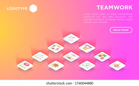 Teamwork web page template with flat isometric icons: relay race, brainstorm, success, meeting, idea share, collaboration, joint project, unity, support, delegation, bonus. Modern vector illustration.