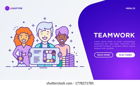 Teamwork web page template with thin line icons: relay race, brainstorm, success, meeting, idea share, collaboration, joint project, unity, support, delegation, bonus. Modern vector illustration.