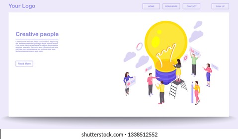 Teamwork webpage vector template with isometric illustration. Website interface design. Business idea generation 3d concept. Problem solving, solution searching. Thinking, brainstorm isolated clipart