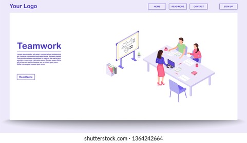 Teamwork webpage vector template with isometric illustration. Corporate meeting. Marketing research, analytics. Annual report. Coworking. Website interface design. Webpage, mobile app 3d concept