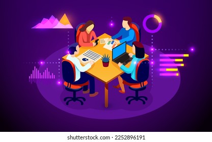 Teamwork website banner template. Business team working with data. Group of office colleagues discussing data around table. Isometric vector illustration