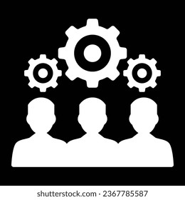 Teamwork white icon. Colleagues and partners, collaboration and cooperation. Men under gears and coghweels metaphor for efficient workflow.