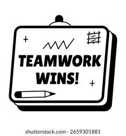 Teamwork wins written on a board, glyph style sticker 