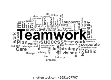 Trabalhe em equipe com o conceito de nuvem de palavras, com termos de carreira, produtividade, estratégia e suporte para colaboração de negócios.