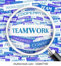 TRABAJO EN EQUIPO. Ilustración de concepto de nube de Word. Colección de etiquetas gráficas. Collage de Wordcloud con etiquetas y términos relacionados. 