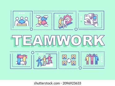 Banner verde de conceptos de palabra de trabajo en equipo. Construir un equipo productivo. Infografía con iconos lineales en el fondo. Tipografía aislada. Ilustración de color vectorial con texto. Fuente Arial-Black utilizada