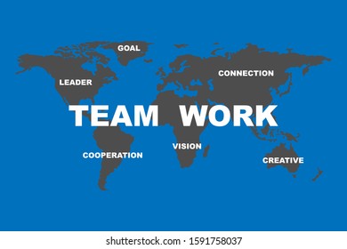 Teamwork word consisted of goal, leader, connection, creative, vision, and cooperation network on the world map isolated .