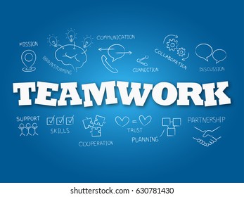 Teamwork word on light blue background. Vector illustration.