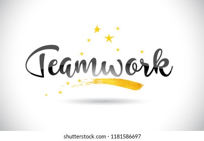 Teamwork Word Text with Golden Stars Trail and Handwritten Curved Font Vector Illustration.