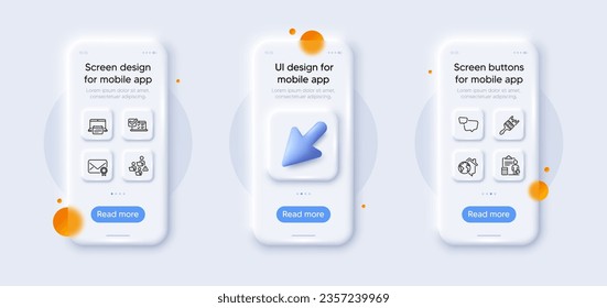 Paquete de iconos de línea de encuesta en equipo, en el hogar de trabajo y en línea. 3d teléfono se burla con el cursor. Pantalla de teléfono inteligente de vidrio. Correo verificado, Calendario, icono de la burbuja de voz. Pincel, pictograma de contabilidad. Vector