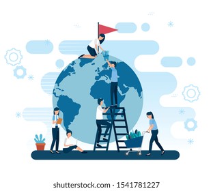 teamwork workers with planet earth and icons vector illustration design