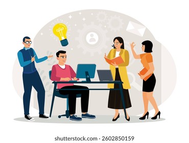 Teamwork, workflow and business concept. Business teams hold meetings, share tasks, and develop business ideas in the meeting room. Flat vector illustration.