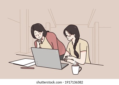 Teamwork, working in office, female company staff concept. Young smiling women office workers partners cartoon characters discussing project details together at laptop and documents illustration 