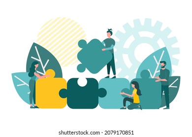 Teamwork, working on a project, connecting puzzles, idea generating. Concept vector illustration.