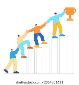 Teamwork working together achieve trophy help other climb step stair bar graph chart