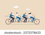 Teamwork working together for success, togetherness or cooperation, collaboration or support other to win together concept, business people employees on tandem bicycle forward metaphor of teamwork.