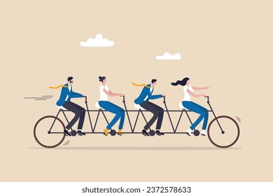 Teamwork working together for success, togetherness or cooperation, collaboration or support other to win together concept, business people employees on tandem bicycle forward metaphor of teamwork.