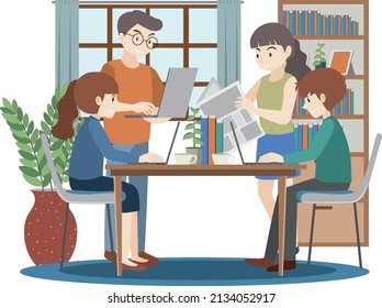 Teamwork working using laptop flat design illustration