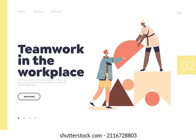 Teamwork at workplace concept of landing page with colleagues team partners help working together with abstract shapes. Creative man and woman cooperating. Cartoon flat vector illustration