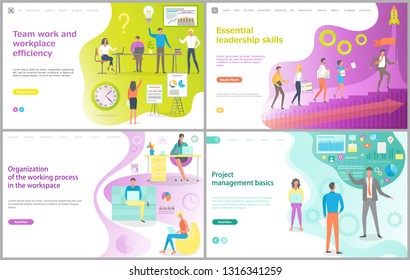 Teamwork and workplace efficiency, essential leadership skills, organization of the working process, project management basics, graphic presentation vector. Website template, landing page flat style