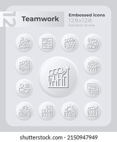 Teamwork in workplace embossed icons set. Team collaboration. Neumorphism effect. Isolated vector illustrations. Minimalist button design collection. Editable stroke. Montserrat Bold, Light fonts used