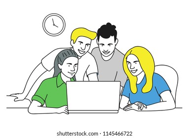 Teamwork in the workplace. Young people working together with laptop, combined action of a professional, group, effective and efficient startup. Vector hand drawn illustration
