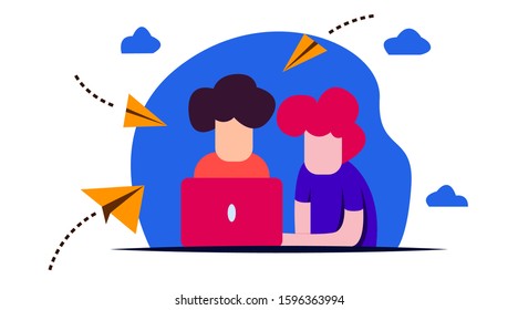 teamwork works using a laptop in the realm of email marketing. character landing page design. business people background. email target marketing.