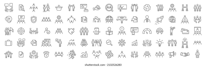 Kollektion von Symbolen für Teamwork und Workshop-Reihe. Das große UI-Icon-Set. Paket mit den Symbolen der dünnen Umrisse. Vektorgrafik eps10