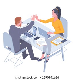 Teamwork. Young olleagues man and woman give five to each other. Flat design isometric vector concept of a successfully performed task.