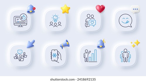 Teamwork, Yummy smile and Dating chat line icons. Buttons with 3d bell, chat speech, cursor. Pack of Group, Graph chart, Air conditioning icon. Like video, Business idea pictogram. Vector