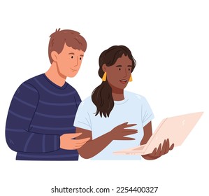 Trabajo en equipo. Un chico y una chica miran una laptop. Carácter negro.Amistad.Ilustración dibujada por mano.