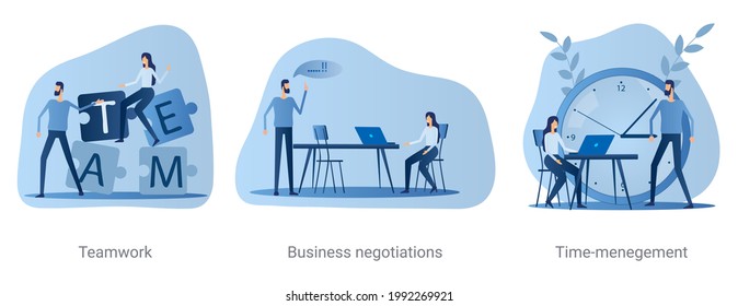 Trabajo en equipo, negociaciones comerciales, gestión del tiempo.Un conjunto de ilustraciones vectoriales sobre un tema de negocios.Ilustraciones abstractas.