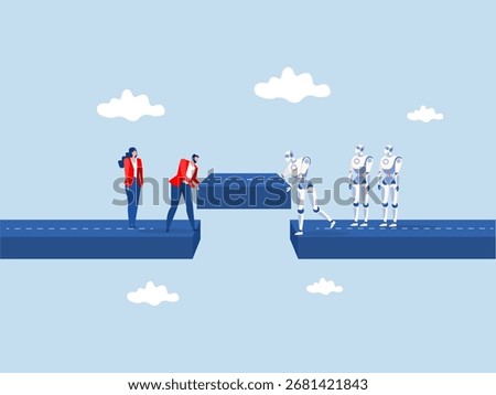 Teamwork,businessman with robot  help building the bridge to connect the way ,Build business bridge connect path together, solution or teamwork idea, cooperation to success together concept vector
