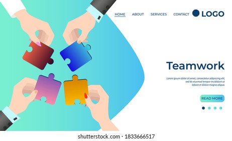 Teamwork.Businessmen men and women put together puzzles.Big hands of people.The concept of teamwork, search for ideas.Flat vector illustration.The template of the landing page.