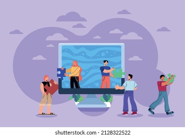 teamworkers with puzzle in desktop characters