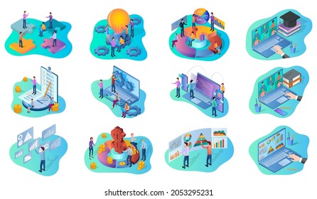 Teamwork,financial investments, web development, brainstorming,office work.A set of isometric icons vector illustrations on the topic of business and technology.