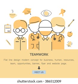 Teamwork-Flat Line Design Modern Concept For Medical And Health Care,Human Resources,Team,Work,Opportunities,Banner,Flyer And Website Page.Isolated On White Background.Team Workers And Entrepreneurs