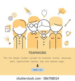 Teamwork-Flat Line Design Modern Concept For Business,Human Resources,Team,Work,Opportunities,Banner,Flyer And Website Page.Isolated On White Background.Team Workers And Entrepreneurs