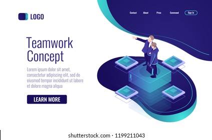 Teamworking in the business isometric icon, data management concept, mentor vector illustration