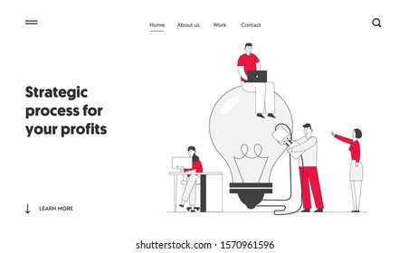 Teamworking and Searching Idea Website Landing Page. Business Team Search Insight for Project Development Stand at Huge Turned Off Light Bulb with Plug Web Page Banner. Flat Vector Illustration