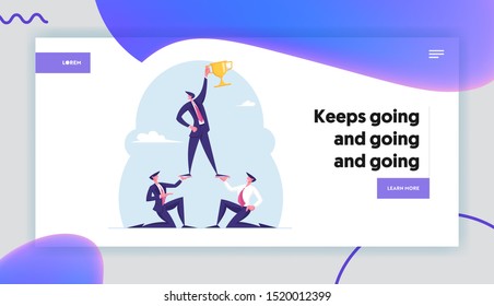 Teamworking Success Website Landing Page. Pyramid of Business People. Leader Holding Golden Goblet on Top. Leadership, Successful Team Work Concept for Web Page Banner. Flat Vector Illustration