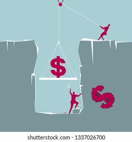 Teamwork,mining wealth. Isolated on blue background.