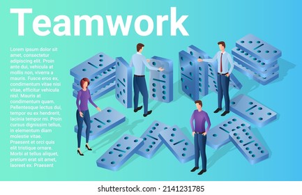 Teamwork.People collect dominoes as a symbol of teamwork.Poster in business style.Flat vector illustration.