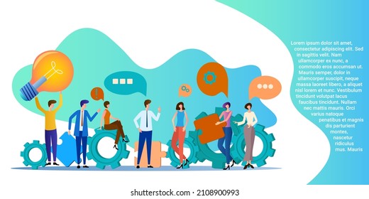 Teamwork.People with light bulbs and puzzles as a symbol of joint activity.Poster in business style.Flat vector illustration.