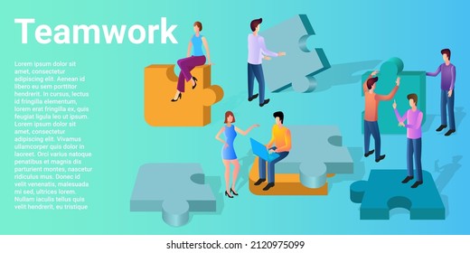 Trabajo en equipo.Gente con puzzles en las manos.El concepto de trabajo en equipo y oficina.Nuevos proyectos e intercambio de ideas.Un afiche de estilo empresarial.Ilustración vectorial plana.