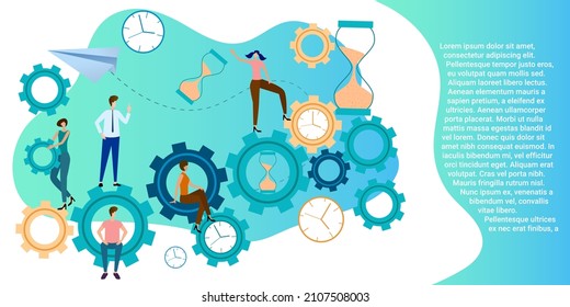 Teamwork.People with various gears and puzzles are engaged in office work.A business-style poster.Flat vector illustration.