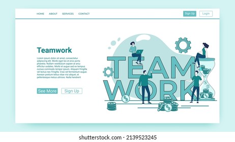 Teamwork.People work together on business projects.An illustration in the style of a green landing page.