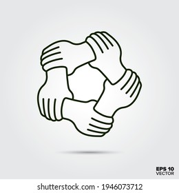 Teamwrk concept. Five hands holding each others wrists vector line icon.